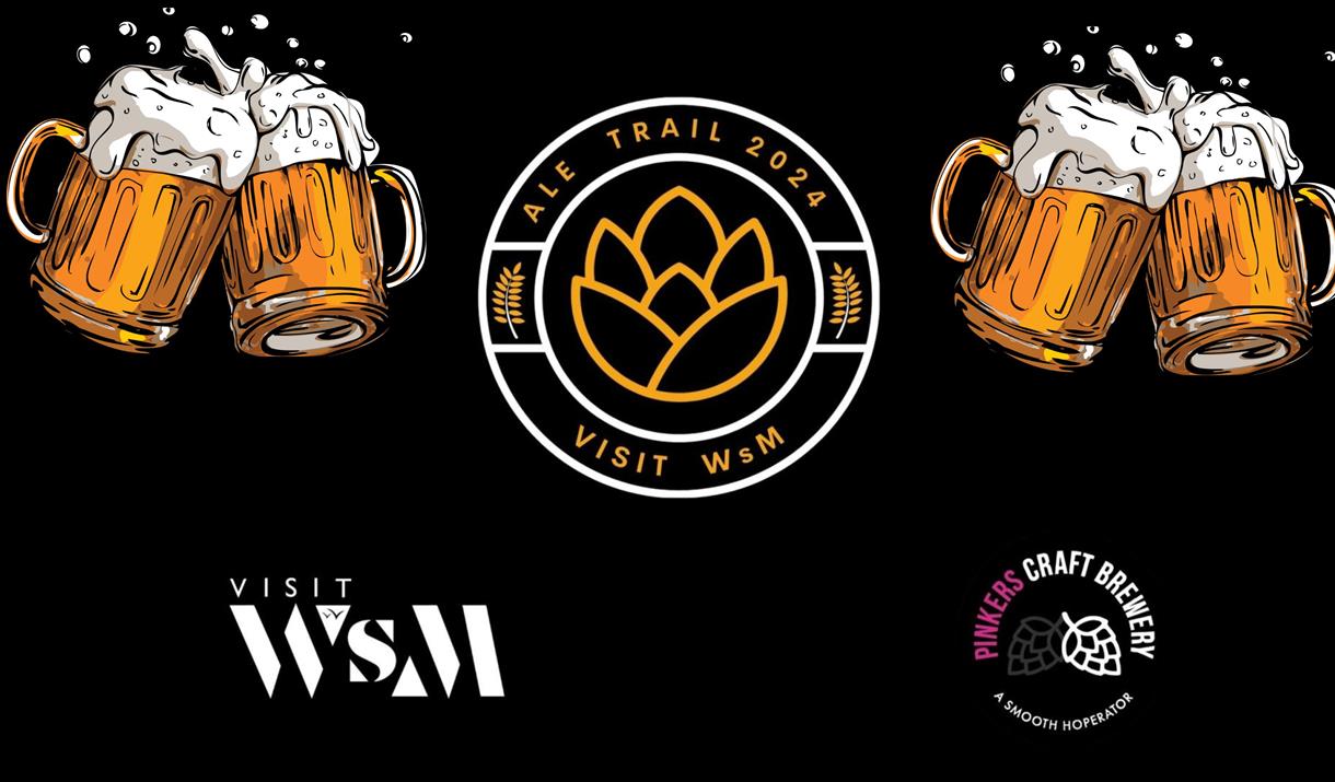 Logo featuring two sets of full cartoon beer glasses overflowing and three other logos