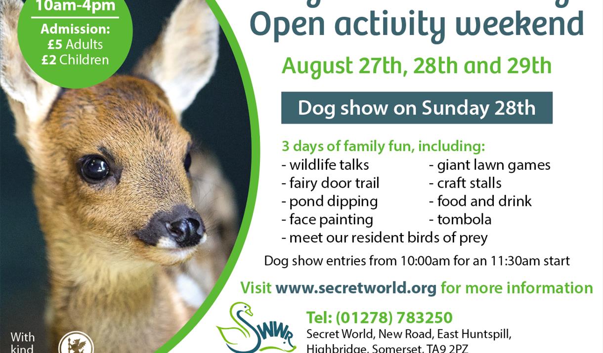 Secret World Wildlife Rescue August open weekend poster with image of a baby deer