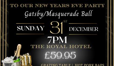 New Years Eve poster - Art Deco design for Gatsby party.  Image of champagne bucket and champagne flutes.