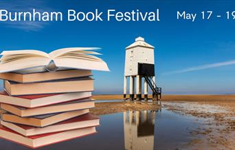 View of a wooden lighthouse on a beach with a stack of books super-imposed on the image to advertise a book festival