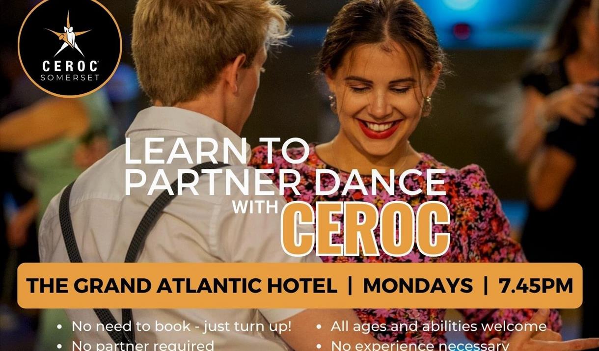 A man and a lady facing each other and dancing together. The lady has a big smile on her face. Text on the image says 'Learn to Partner Dance with Cer