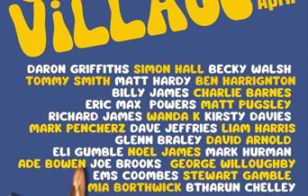 Comedy village poster in blue, yellow and white