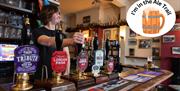 A barman pulling a pint in a pub over-stamped with an I'm in the ale trail logo