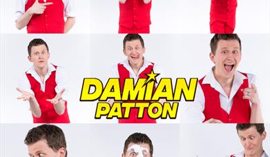 Photograph of Damian Patton wearing a red waitcoat and pulling funny faces.
