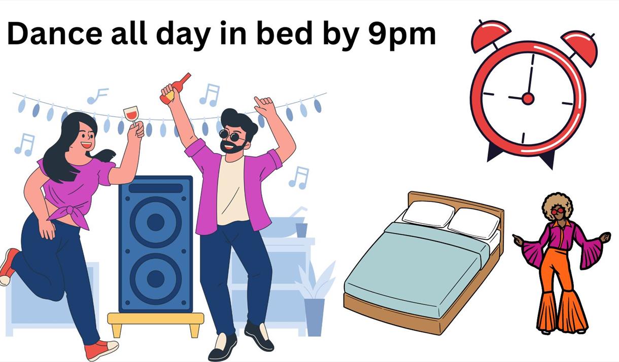 Cartoon-style flyer featuring two people dancing by a loudspeaker, a bed and an alarm clock with the caption saying dance all day in bed by 9pm