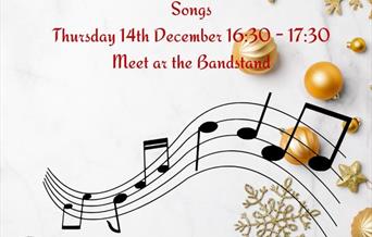 Poster showing musical notes and baubles advertising an outdoor Christmas singing performance