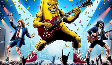 HELLS BELLS - A TRIBUTE TO AC/DC - cartoon image of AC/DC with a bright yellow banana playing the guitar