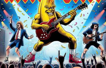 HELLS BELLS - A TRIBUTE TO AC/DC - cartoon image of AC/DC with a bright yellow banana playing the guitar
