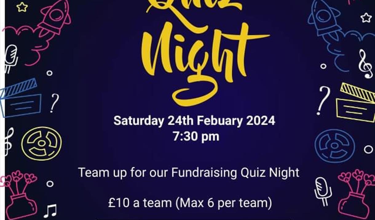 Dark blue posters with quiz night in bright letters and cartoon illustrations around the outside.