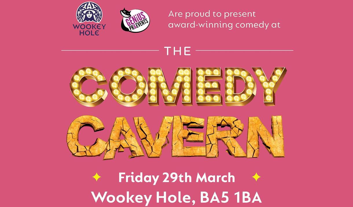 Pink poster with Comedy Cavern working in bright yellow.