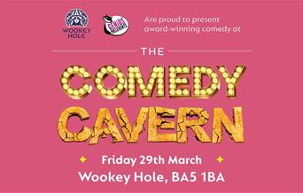 Pink poster with Comedy Cavern working in bright yellow.