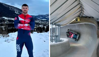Two photos - one showing Great Britain Bobsleigh Athlete Jen Hullah (male) in his bobsleigh kit, with snowing mountains and trees in the background. S