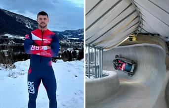 Two photos - one showing Great Britain Bobsleigh Athlete Jen Hullah (male) in his bobsleigh kit, with snowing mountains and trees in the background. S