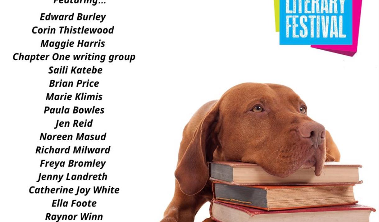 A brown dog with its chin resting on some books on a poster advertising a literary festival