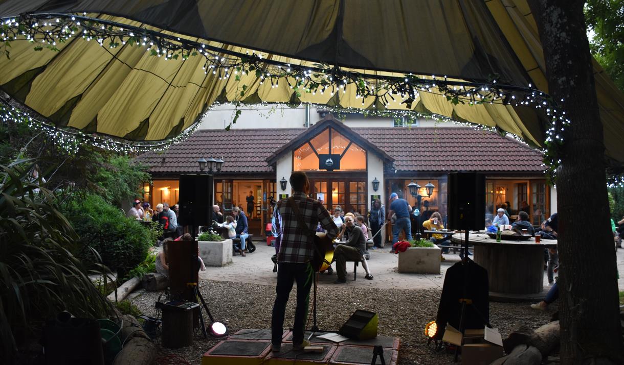 Acoustic guitarist playing live under illuminated woodland canopy in from of Mendip Lodge at Mendip Activity Centre. Audience sat on picnic benches wa