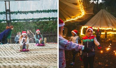 Two images side by side. Image on left shows two young girls wearing Santa hats on zibob toboggans riding down a toboggan slope. Image on the right sh