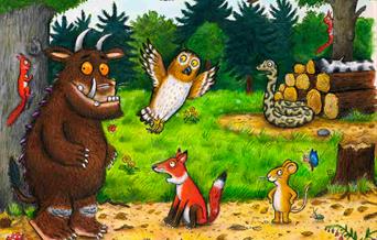 Myths and Monsters - The Gruffalo cartoon front cover with the owl, fox, mouse, snake and squirrel in bright colours.