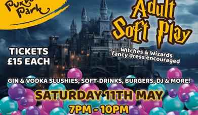 Flyer featuring a picture of a haunted castle and soft play balls in the foreground
