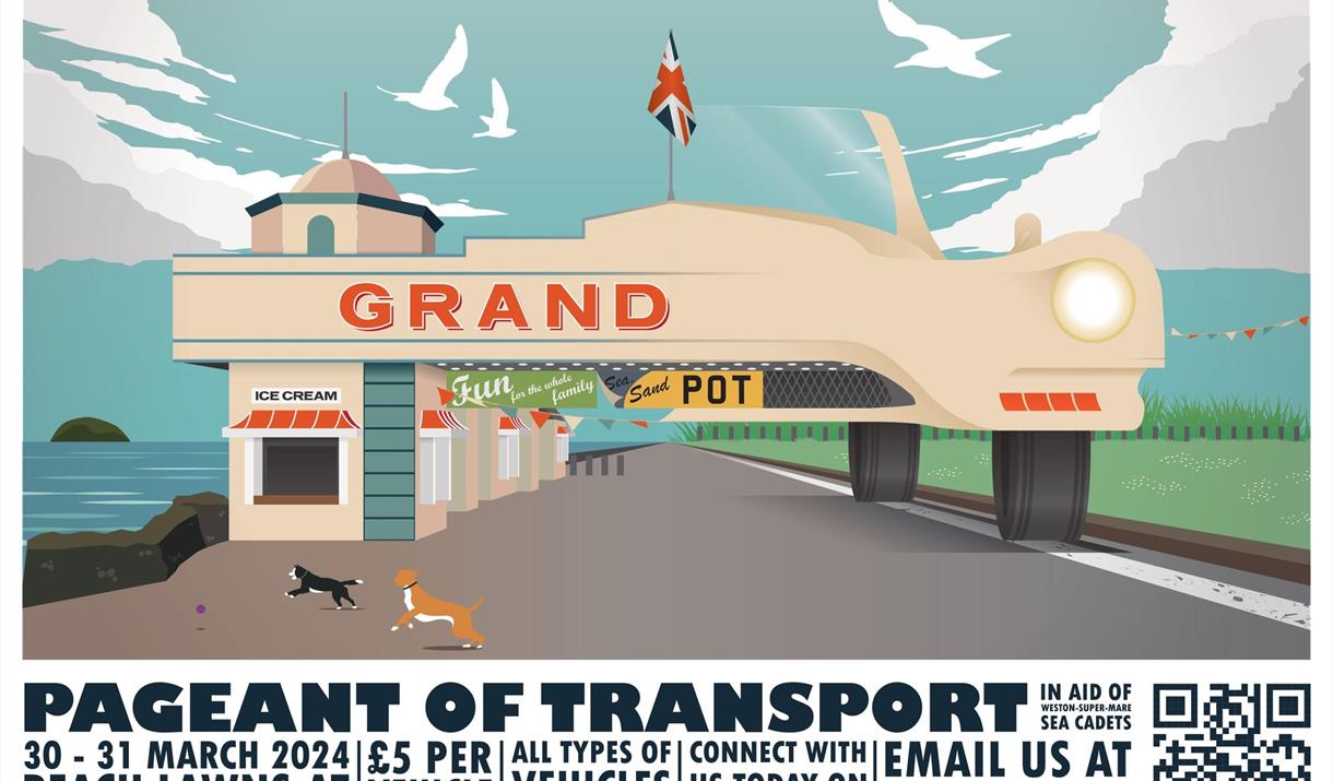 Poster featuring an artist's impression of half pier and half vehicle to advertise a pageant of Transport