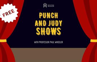 Red, yellow and black graphic depicting theatre curtains and within them, words advertising a Punch and Judy Show