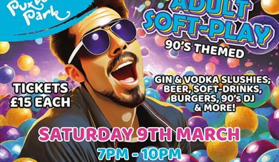 Cartoon style poster featuring a bearded man in sunglasses advertising a soft play night
