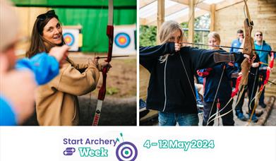 One photo shows a women getting ready to shot an arrow on an archery range and looking back to instructor for guidance, instructor in shot blurred out