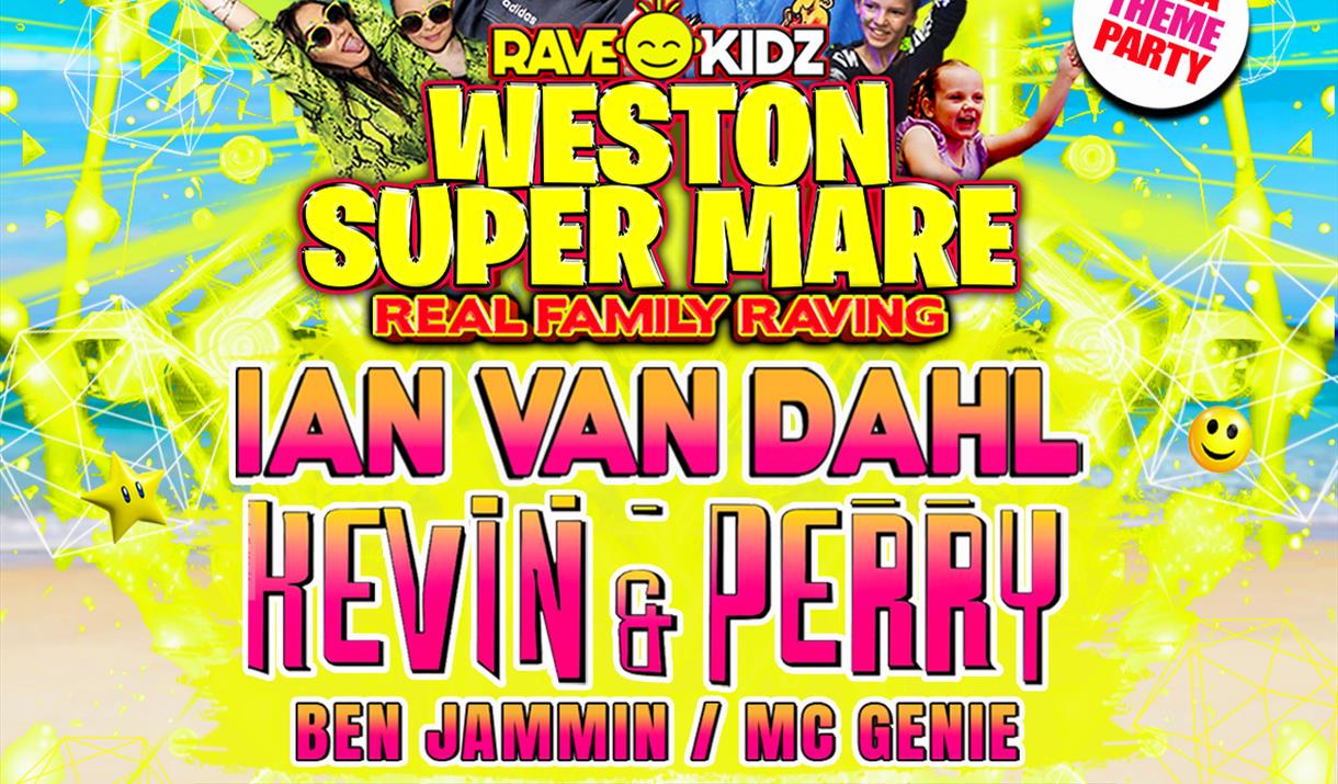 Poster with bright colours.  Photograph of Kevin and Perry in rave clothes.  Details of the event.
