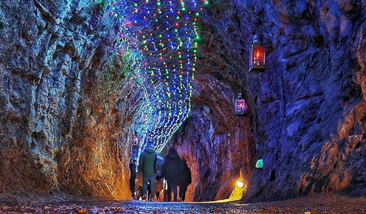 Cave illuminated with fairy lights