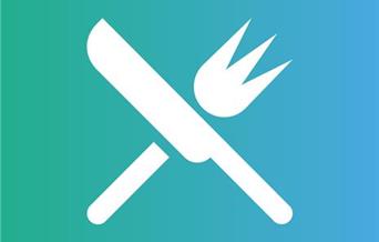 White knife & fork glyph on turquoise background