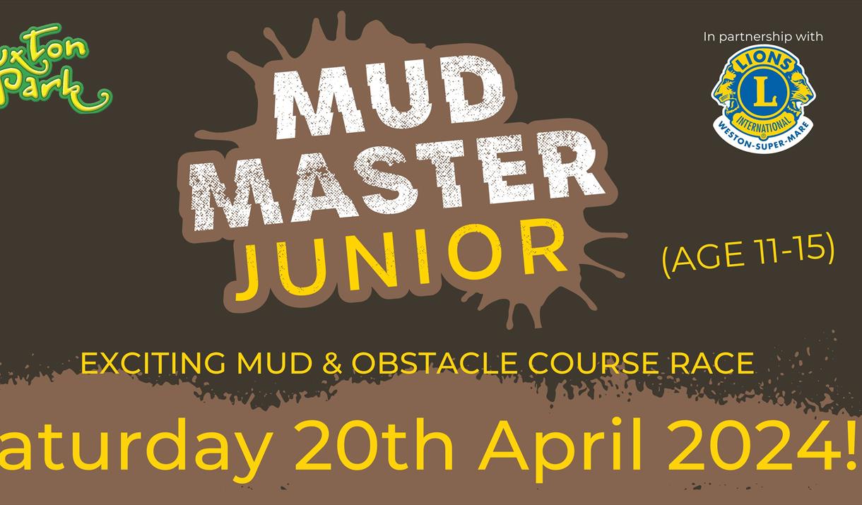 Publicity flyer advertising a Junior Mud Master event and featuring some very muddy competitors