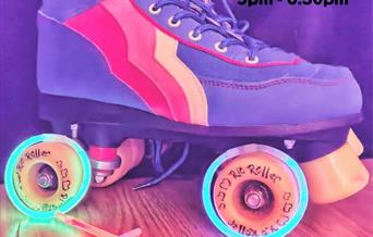 Roller disco boot in bright colours with details of the event.