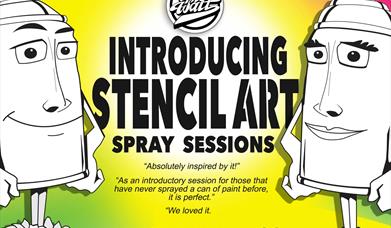 "Introducing Stencil Art" Spray Sessions with Where The Wall - cartoon images of spray cans on a yellow and green background.