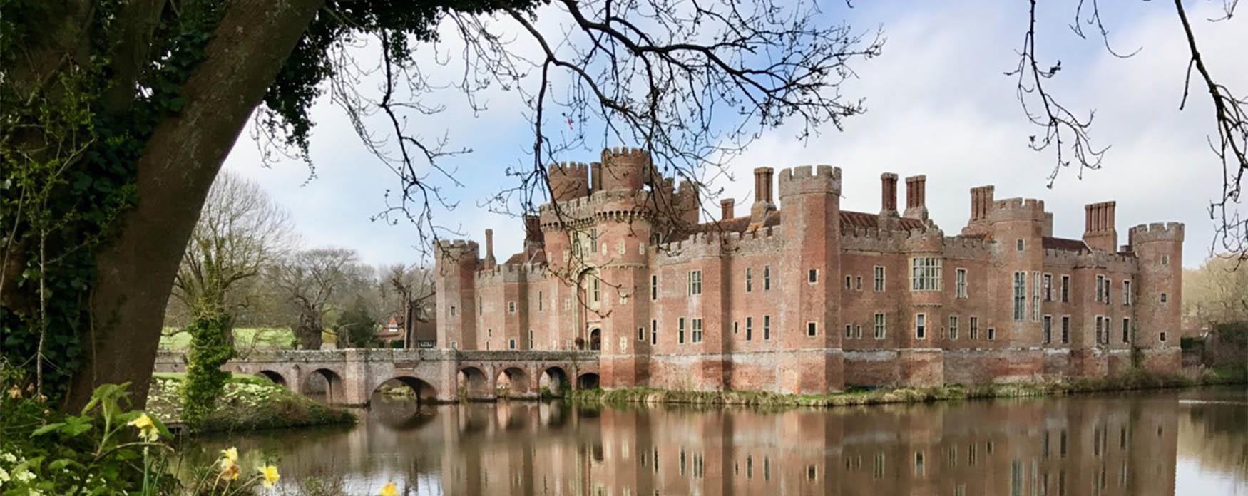 View of Herstmonceux Castle in the near distance surrounded by moat water with a bridge leading to the entrance. To the left of the image there are overhanging branches of a tree and yellow daffodils.