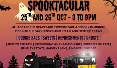 a promotional poster for Bentley Miniature Railway's 'Spooktacular' Halloween event, featuring cartoon trains
