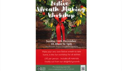 a promotional poster for Michelham Priory's wreath making workshop on Sunday 14th December