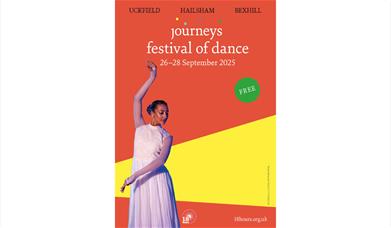 a promotional poster for the Journeys Festival of Dance, featuring a dancer in a white dress posing