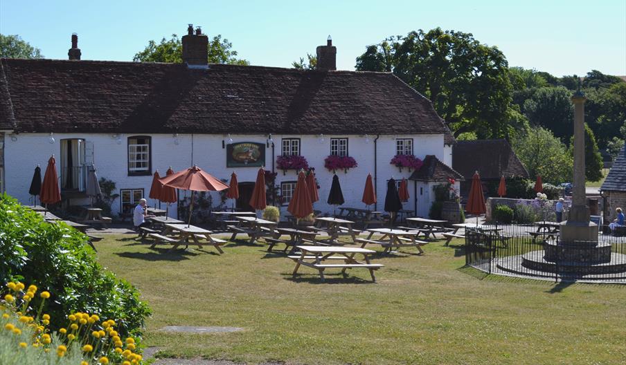 Outdoor pub garden with benches