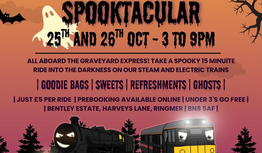 a promotional poster for Bentley Miniature Railway's 'Spooktacular' Halloween event, featuring cartoon trains