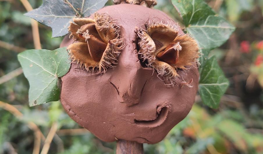 A face made of clay, pinecones and leaves