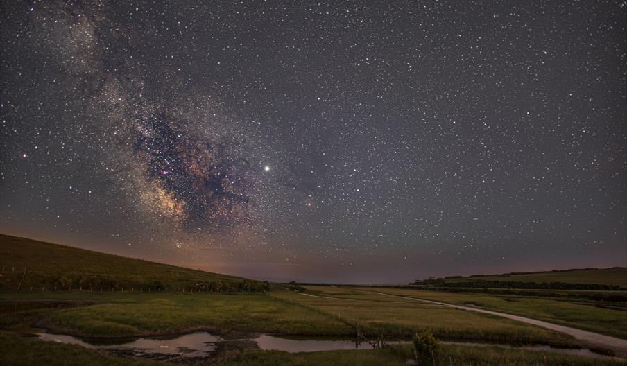 The Seven Sisters Country Park at night, with clear sky