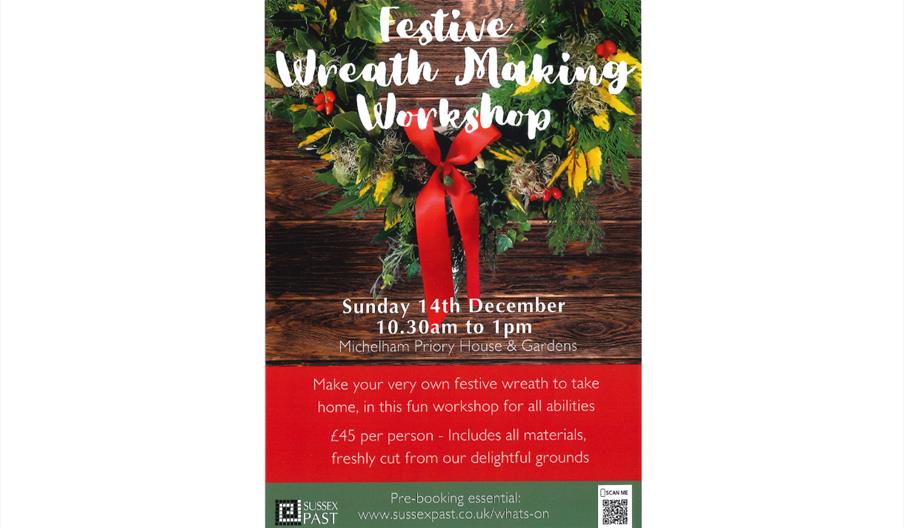 a promotional poster for Michelham Priory's wreath making workshop on Sunday 14th December