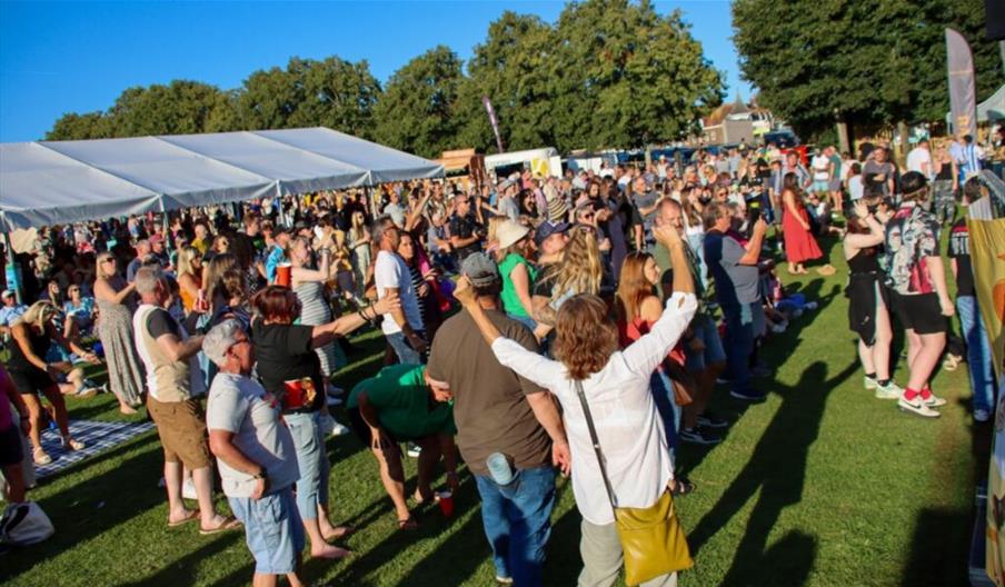 Large crowd gathered on a grassy field at an outdoor event, with people standing near a marquee tent and trees in the background.