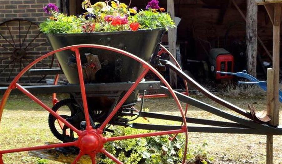 Flowers in old farm machinery from Horam Manor