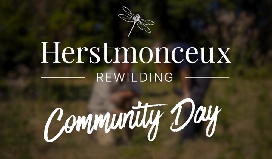 A promotional poster for 'Herstmonceux Rewilding: Community Day', with two gardeners in the background.