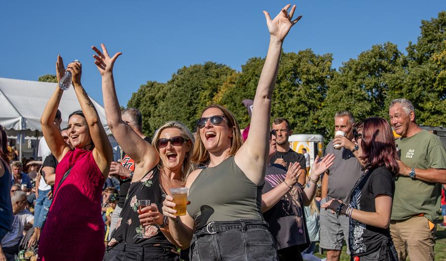 Attendees at Weald on the Field in 2025 dance along to the live music on Luxford Field, with a marquee and trees in the background.