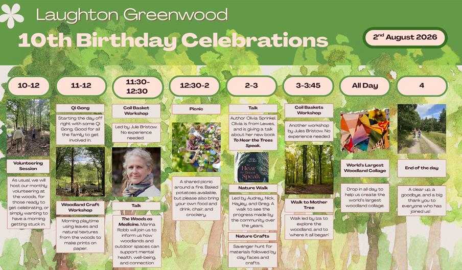 A calendar featuring the Laughton Greenwood 10th Birthday Celebrations events, on the 2nd August 2026.