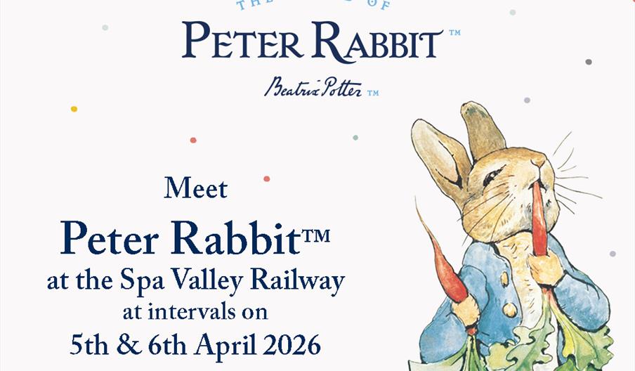 A promotional poster for 'Meet Peter Rabbit at Spa Valley Railway' event