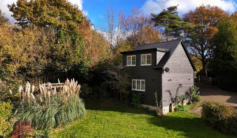 cottage surrounded by greenery and trees with driveway