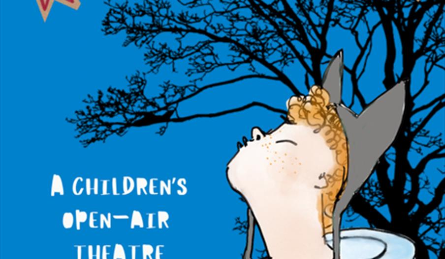 Poster for wolf boy showing a young boy with a wolf hat, howling