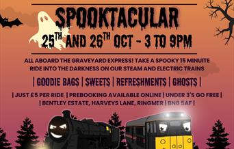 a promotional poster for Bentley Miniature Railway's 'Spooktacular' Halloween event, featuring cartoon trains
